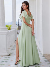 Load image into Gallery viewer, U-Neck Ruffle Sleeve High Slit A-Line Bridesmaid Dress with Back Tie #color_Mint Green