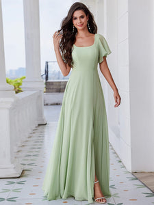 U-Neck Ruffle Sleeve High Slit A-Line Bridesmaid Dress with Back Tie #color_Mint Green