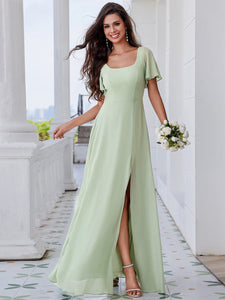 U-Neck Ruffle Sleeve High Slit A-Line Bridesmaid Dress with Back Tie #color_Mint Green