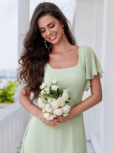 U-Neck Ruffle Sleeve High Slit A-Line Bridesmaid Dress with Back Tie #color_Mint Green