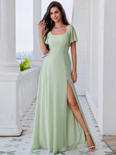 Load image into Gallery viewer, U-Neck Ruffle Sleeve High Slit A-Line Bridesmaid Dress with Back Tie #color_Mint Green