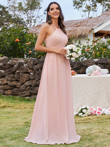 Color=Pink | Elegant Belly collar Halter Neck Spaghetti Straps Chiffon Bridesmaid Dresses with  Back Lotus Leaf Stream-Pink 3