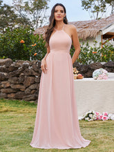 Load image into Gallery viewer, Color=Pink | Elegant Belly collar Halter Neck Spaghetti Straps Chiffon Bridesmaid Dresses with  Back Lotus Leaf Stream-Pink 4