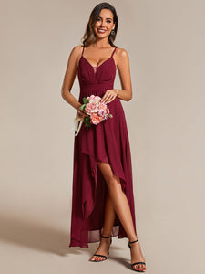 Color=Burgundy | Elegant Spaghetti Straps Bandage Backless Asymmetrical Hem Chiffon Bridesmaid Dresses-Burgundy 13