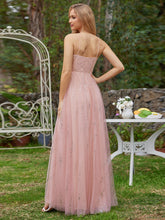 Load image into Gallery viewer, Color=Pink | Tulle V Neck Spaghetti Strap Bodice Sequin Wholesale Bridesmaid Dress-Pink 3
