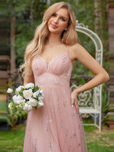 Load image into Gallery viewer, Color=Pink | Tulle V Neck Spaghetti Strap Bodice Sequin Wholesale Bridesmaid Dress-Pink 5