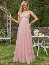 Load image into Gallery viewer, Color=Pink | Tulle V Neck Spaghetti Strap Bodice Sequin Wholesale Bridesmaid Dress-Pink 4