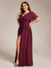 Load image into Gallery viewer, Color=Burgundy | Plus Size Lotus Leaf Ruffles Sleeve asymmetrical Ruched Empire Waist Chiffon Evening Dresses-Burgundy 3