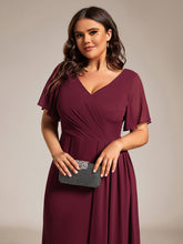 Load image into Gallery viewer, Color=Burgundy | Plus Size Lotus Leaf Ruffles Sleeve asymmetrical Ruched Empire Waist Chiffon Evening Dresses-Burgundy 5