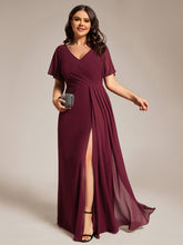 Load image into Gallery viewer, Color=Burgundy | Plus Size Lotus Leaf Ruffles Sleeve asymmetrical Ruched Empire Waist Chiffon Evening Dresses-Burgundy 1