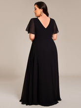 Load image into Gallery viewer, Color=Black | Plus Size Lotus Leaf Ruffles Sleeve asymmetrical Ruched Empire Waist Chiffon Evening Dresses-Black 7