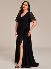 Load image into Gallery viewer, Color=Black | Plus Size Lotus Leaf Ruffles Sleeve asymmetrical Ruched Empire Waist Chiffon Evening Dresses-Black 8