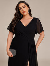 Load image into Gallery viewer, Color=Black | Plus Size Lotus Leaf Ruffles Sleeve asymmetrical Ruched Empire Waist Chiffon Evening Dresses-Black 10