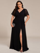 Load image into Gallery viewer, Color=Black | Plus Size Lotus Leaf Ruffles Sleeve asymmetrical Ruched Empire Waist Chiffon Evening Dresses-Black 6