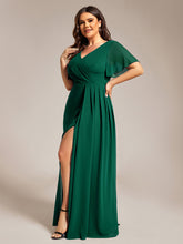 Load image into Gallery viewer, Color=Dark Green | Plus Size Lotus Leaf Ruffles Sleeve asymmetrical Ruched Empire Waist Chiffon Evening Dresses-Dark Green 18