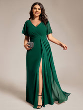Load image into Gallery viewer, Color=Dark Green | Plus Size Lotus Leaf Ruffles Sleeve asymmetrical Ruched Empire Waist Chiffon Evening Dresses-Dark Green 16