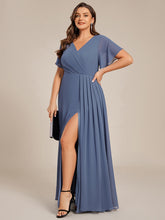 Load image into Gallery viewer, Color=Dusty Blue | Plus Size Lotus Leaf Ruffles Sleeve asymmetrical Ruched Empire Waist Chiffon Evening Dresses-Dusty Blue 23