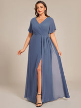 Load image into Gallery viewer, Color=Dusty Blue | Plus Size Lotus Leaf Ruffles Sleeve asymmetrical Ruched Empire Waist Chiffon Evening Dresses-Dusty Blue 21