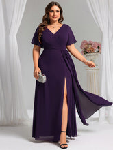 Load image into Gallery viewer, Color=Dark Purple | Plus Size Lotus Leaf Ruffles Sleeve asymmetrical Ruched Empire Waist Chiffon Evening Dresses-Dark Purple 28