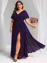 Load image into Gallery viewer, Color=Dark Purple | Plus Size Lotus Leaf Ruffles Sleeve asymmetrical Ruched Empire Waist Chiffon Evening Dresses-Dark Purple 29
