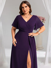 Load image into Gallery viewer, Color=Dark Purple | Plus Size Lotus Leaf Ruffles Sleeve asymmetrical Ruched Empire Waist Chiffon Evening Dresses-Dark Purple 30