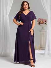 Load image into Gallery viewer, Color=Dark Purple | Plus Size Lotus Leaf Ruffles Sleeve asymmetrical Ruched Empire Waist Chiffon Evening Dresses-Dark Purple 26