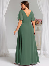 Load image into Gallery viewer, Color=Eucalyptus | Plus Size Lotus Leaf Ruffles Sleeve asymmetrical Ruched Empire Waist Chiffon Evening Dresses-Eucalyptus 32