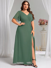 Load image into Gallery viewer, Color=Eucalyptus | Plus Size Lotus Leaf Ruffles Sleeve asymmetrical Ruched Empire Waist Chiffon Evening Dresses-Eucalyptus 33
