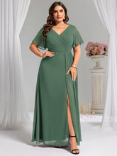 Load image into Gallery viewer, Color=Eucalyptus | Plus Size Lotus Leaf Ruffles Sleeve asymmetrical Ruched Empire Waist Chiffon Evening Dresses-Eucalyptus 34