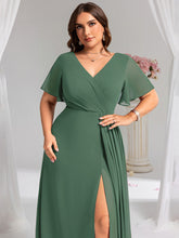 Load image into Gallery viewer, Color=Eucalyptus | Plus Size Lotus Leaf Ruffles Sleeve asymmetrical Ruched Empire Waist Chiffon Evening Dresses-Eucalyptus 35