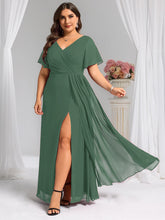 Load image into Gallery viewer, Color=Eucalyptus | Plus Size Lotus Leaf Ruffles Sleeve asymmetrical Ruched Empire Waist Chiffon Evening Dresses-Eucalyptus 31
