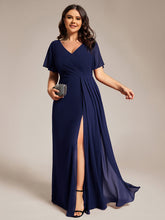 Load image into Gallery viewer, Color=Navy Blue | Plus Size Lotus Leaf Ruffles Sleeve asymmetrical Ruched Empire Waist Chiffon Evening Dresses-Navy Blue 46