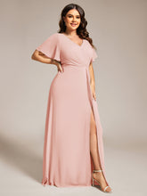 Load image into Gallery viewer, Color=Pink | Plus Size Lotus Leaf Ruffles Sleeve asymmetrical Ruched Empire Waist Chiffon Evening Dresses-Pink 54