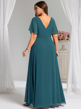 Load image into Gallery viewer, Color=Teal | Plus Size Lotus Leaf Ruffles Sleeve asymmetrical Ruched Empire Waist Chiffon Evening Dresses-Teal 57