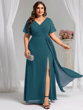 Load image into Gallery viewer, Color=Teal | Plus Size Lotus Leaf Ruffles Sleeve asymmetrical Ruched Empire Waist Chiffon Evening Dresses-Teal 59