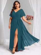 Load image into Gallery viewer, Color=Teal | Plus Size Lotus Leaf Ruffles Sleeve asymmetrical Ruched Empire Waist Chiffon Evening Dresses-Teal 60