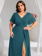 Load image into Gallery viewer, Color=Teal | Plus Size Lotus Leaf Ruffles Sleeve asymmetrical Ruched Empire Waist Chiffon Evening Dresses-Teal 58
