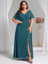 Load image into Gallery viewer, Color=Teal | Plus Size Lotus Leaf Ruffles Sleeve asymmetrical Ruched Empire Waist Chiffon Evening Dresses-Teal 56