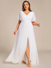 Load image into Gallery viewer, Color=White | Plus Size Lotus Leaf Ruffles Sleeve asymmetrical Ruched Empire Waist Chiffon Evening Dresses-White 61