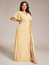 Load image into Gallery viewer, Color=Yellow | Plus Size Lotus Leaf Ruffles Sleeve asymmetrical Ruched Empire Waist Chiffon Evening Dresses-Yellow 69