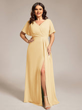 Load image into Gallery viewer, Color=Yellow | Plus Size Lotus Leaf Ruffles Sleeve asymmetrical Ruched Empire Waist Chiffon Evening Dresses-Yellow 66