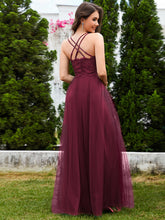 Load image into Gallery viewer, Color=Burgundy | Romantic Spaghetti Straps Tulle Bridesmaid Dresses with Lace Backless Crossover Halter Design-Burgundy