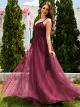 Load image into Gallery viewer, Color=Burgundy | Romantic Spaghetti Straps Tulle Bridesmaid Dresses with Lace Backless Crossover Halter Design-Burgundy