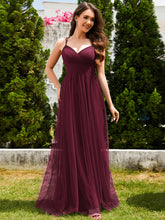 Load image into Gallery viewer, Color=Burgundy | Romantic Spaghetti Straps Tulle Bridesmaid Dresses with Lace Backless Crossover Halter Design-Burgundy