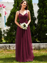 Load image into Gallery viewer, Color=Burgundy | Romantic Spaghetti Straps Tulle Bridesmaid Dresses with Lace Backless Crossover Halter Design-Burgundy
