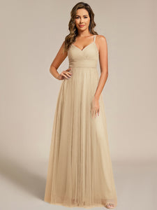 Color=champagne | Romantic Spaghetti Straps Tulle Bridesmaid Dresses with Lace Backless Crossover Halter Design-champagne