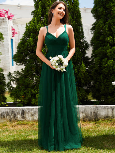 Color=Dark Green | Romantic Spaghetti Straps Tulle Bridesmaid Dresses with Lace Backless Crossover Halter Design-Dark Green 1