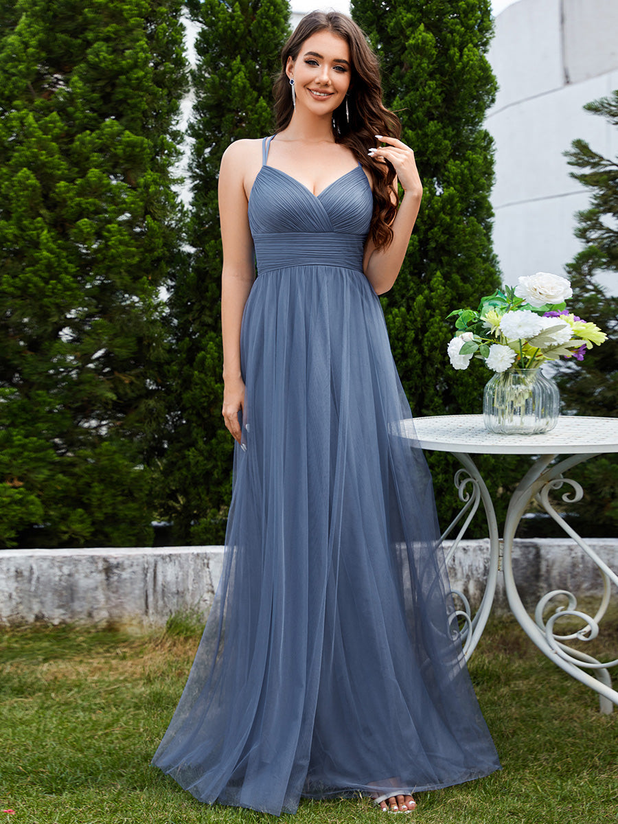 Color=Dusty Blue | Romantic Spaghetti Straps Tulle Bridesmaid Dresses with Lace Backless Crossover Halter Design-Dusty Blue 6