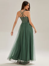 Load image into Gallery viewer, Color=Eucalyptus | Romantic Spaghetti Straps Tulle Bridesmaid Dresses with Lace Backless Crossover Halter Design-Eucalyptus