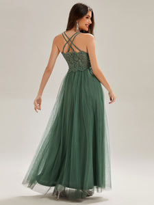 Color=Eucalyptus | Romantic Spaghetti Straps Tulle Bridesmaid Dresses with Lace Backless Crossover Halter Design-Eucalyptus